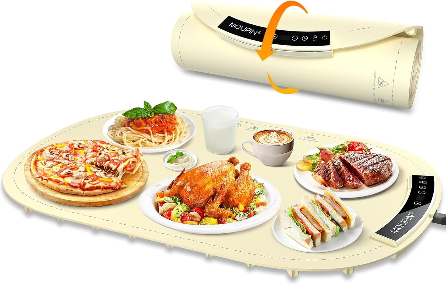Warming Mat for Food, MQUPIN Food Warming Mat with 7 Temp Settings 1-4 H Timer and Child Safety Lock, Full Surface Heating Roll Up Electric Warming Tray for Gatherings,Parties,Buffet,Daily Use（Beige）