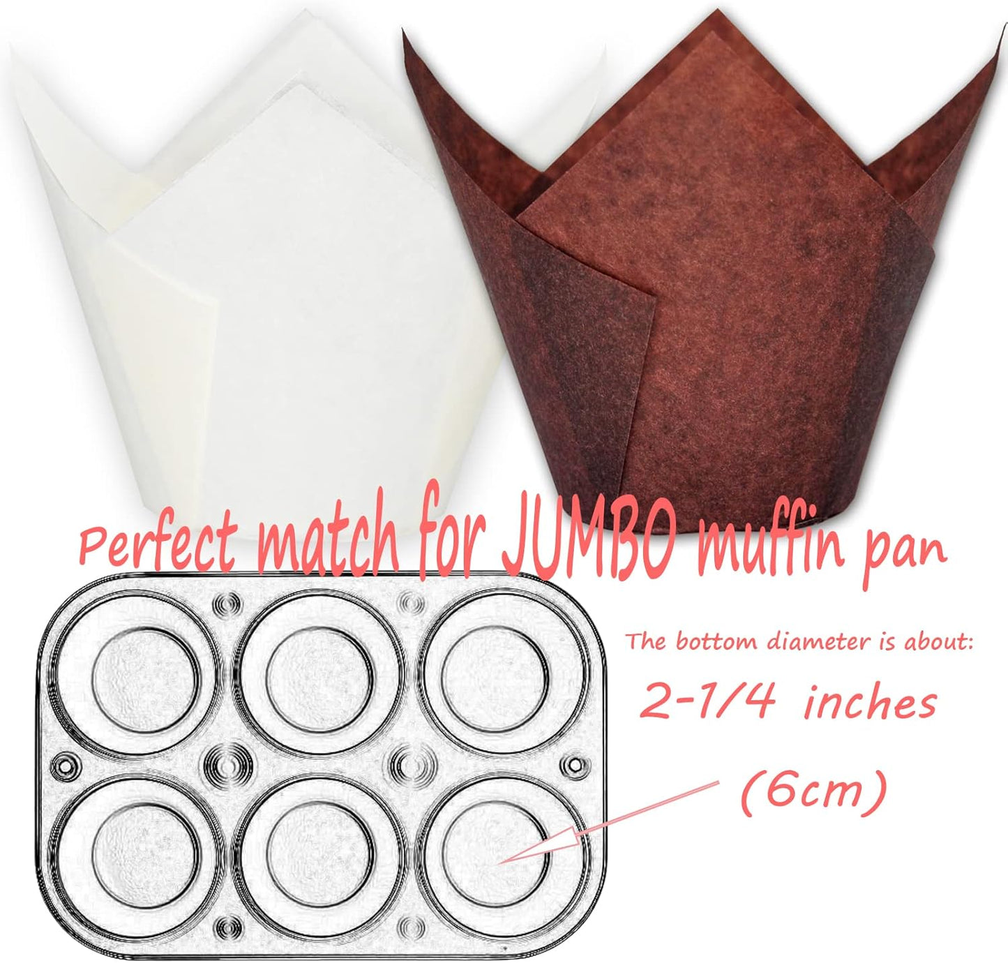(Jumbo Extra Large size) Brown+White Tulip Baking Cups 2-1/4"(Base diameter) x 3-3/4"(Wall height) Greaseproof paper baking cupcake Muffin liners, Case of 130 pcs