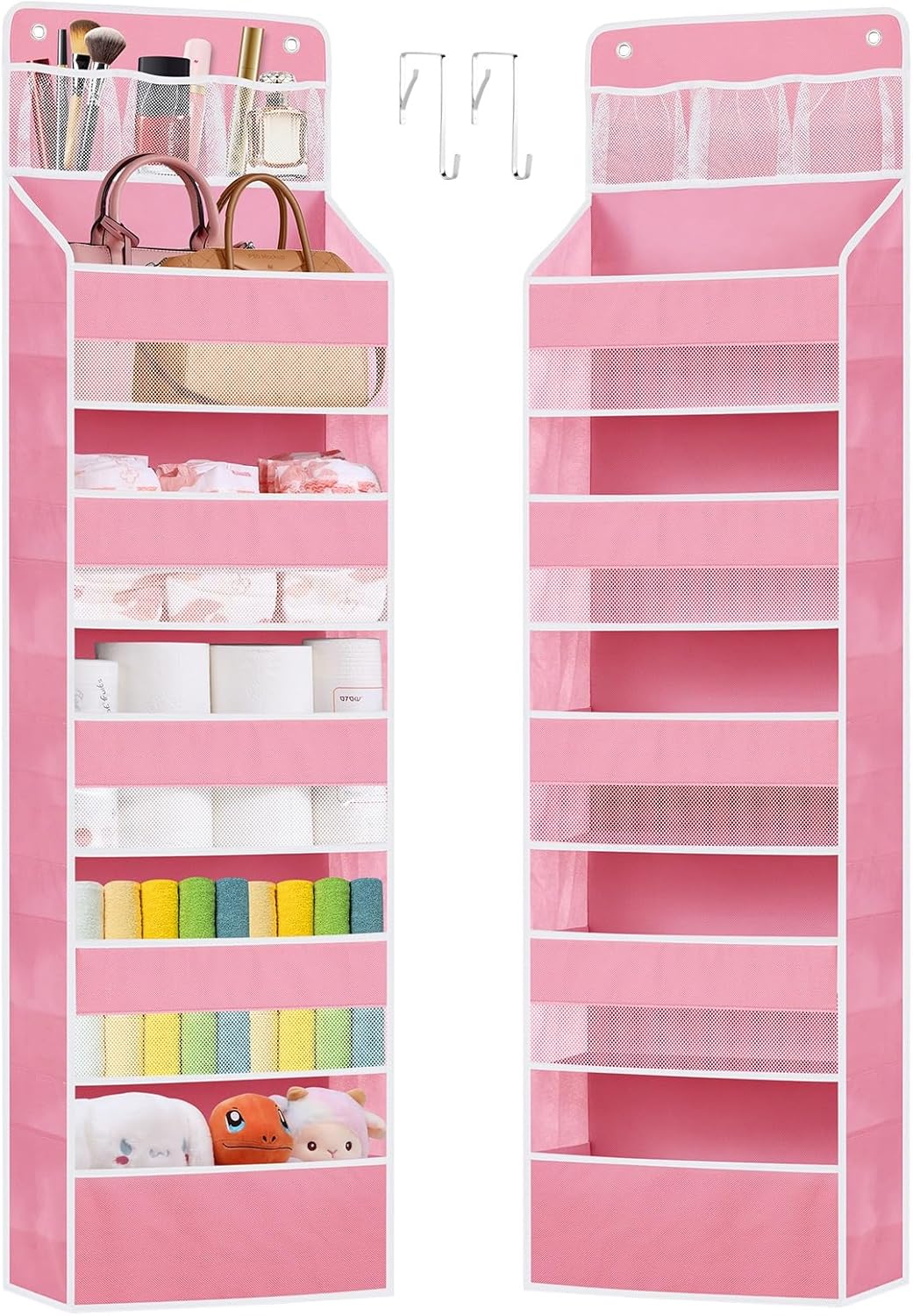 Over the Door Organizers Storage - 6 Shelf Hanging Storage shelves Door Organizer with Pockets, Anti Tilt 44 lb Load Behind Door Organizer for Bedroom,Nursery,Bathroom,Kitchen,Dorm,Shoe - 1 Pack, Pink