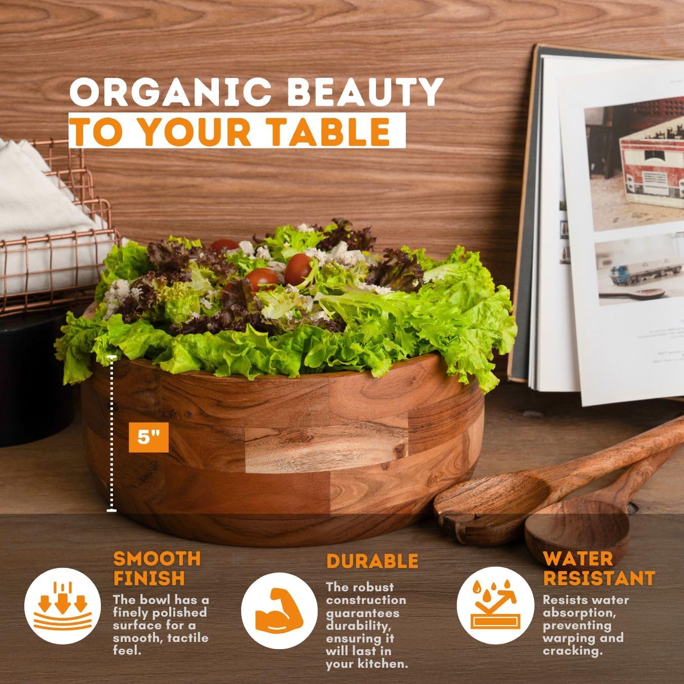 Luxe Designs 12" Wooden Salad Bowl Set with Serving Utensils Eco-Friendly, Multipurpose Mixing & Serving Bowl for Salads, Pasta, Fruits & More – Durable & Stylish Kitchen Essential