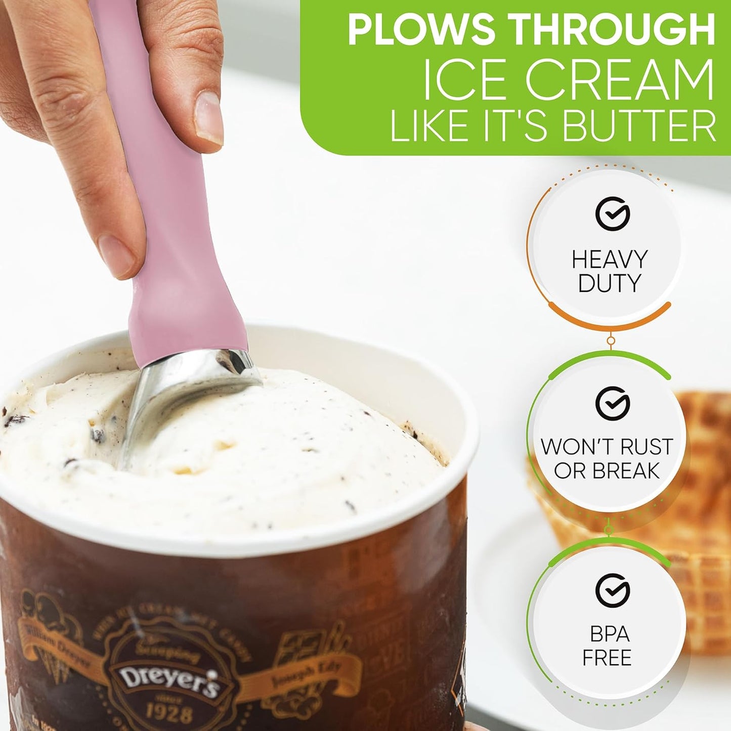 Spring Chef Ice Cream Scoop with Soft Grip Handle, Professional Heavy Duty Sturdy Scooper, Premium Kitchen Tool for Cookie Dough, Gelato, Sorbet, Pink Lemonade