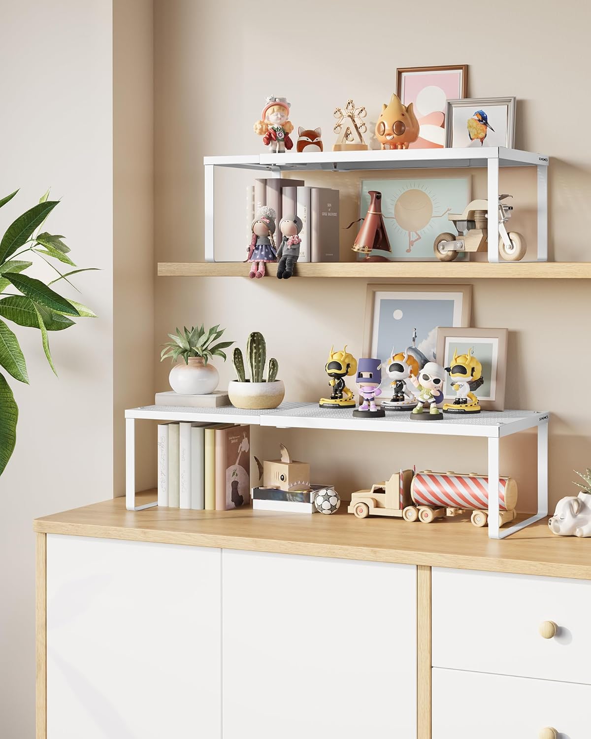 SONGMICS Set of 2 Expandable Pantry Kitchen Organizers, Adjustable Spice Rack, Stackable Cabinet Organizers, Metal, Space-Saving Tabletop Shelves, Matte White UKCS402W01