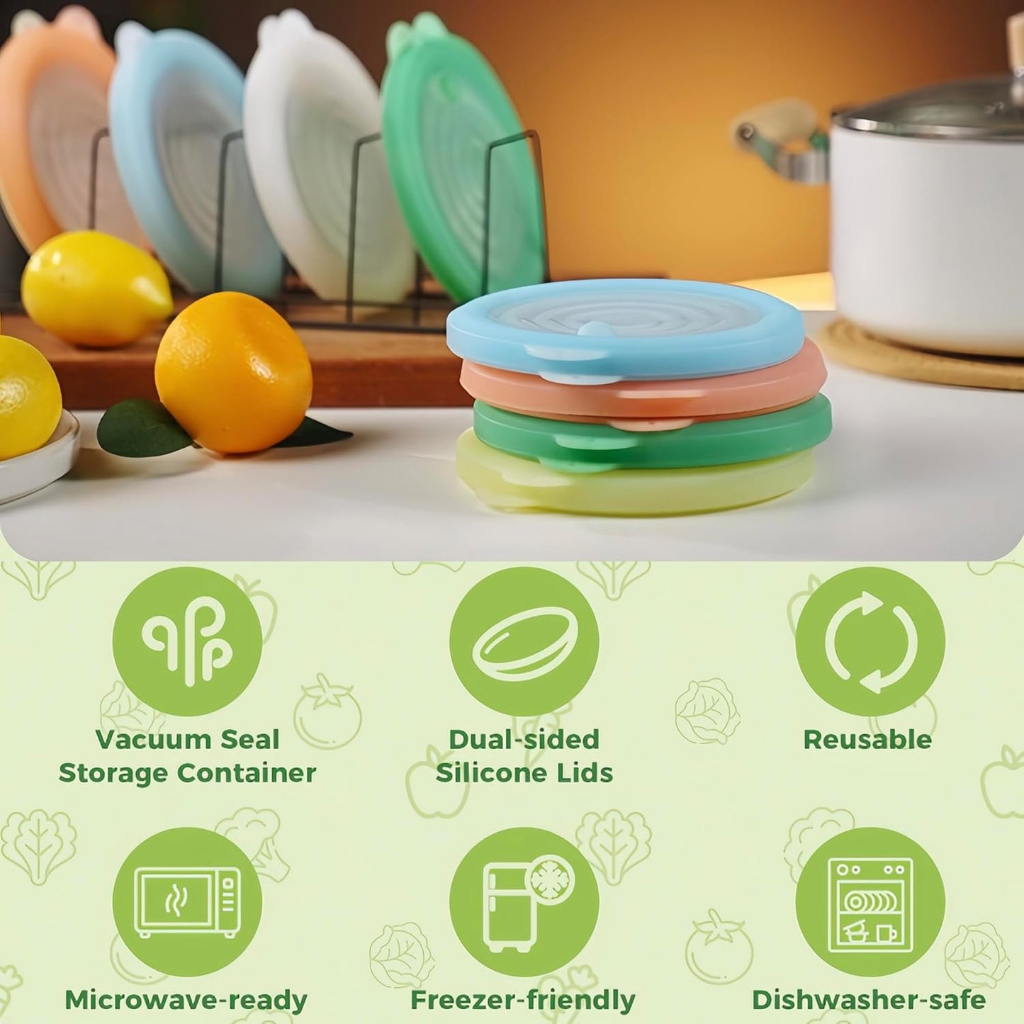 Silicone Reusable Vacuum-Seal Storage Containers for Fridge,Fresh Fruit,Vegetables,Garlic,Onions,Lemons,Potatoes,Meat,for Microwave Oven Heating,Freezer,Dishwasher,Avocado Saver,Tomato Holder,5 Pack