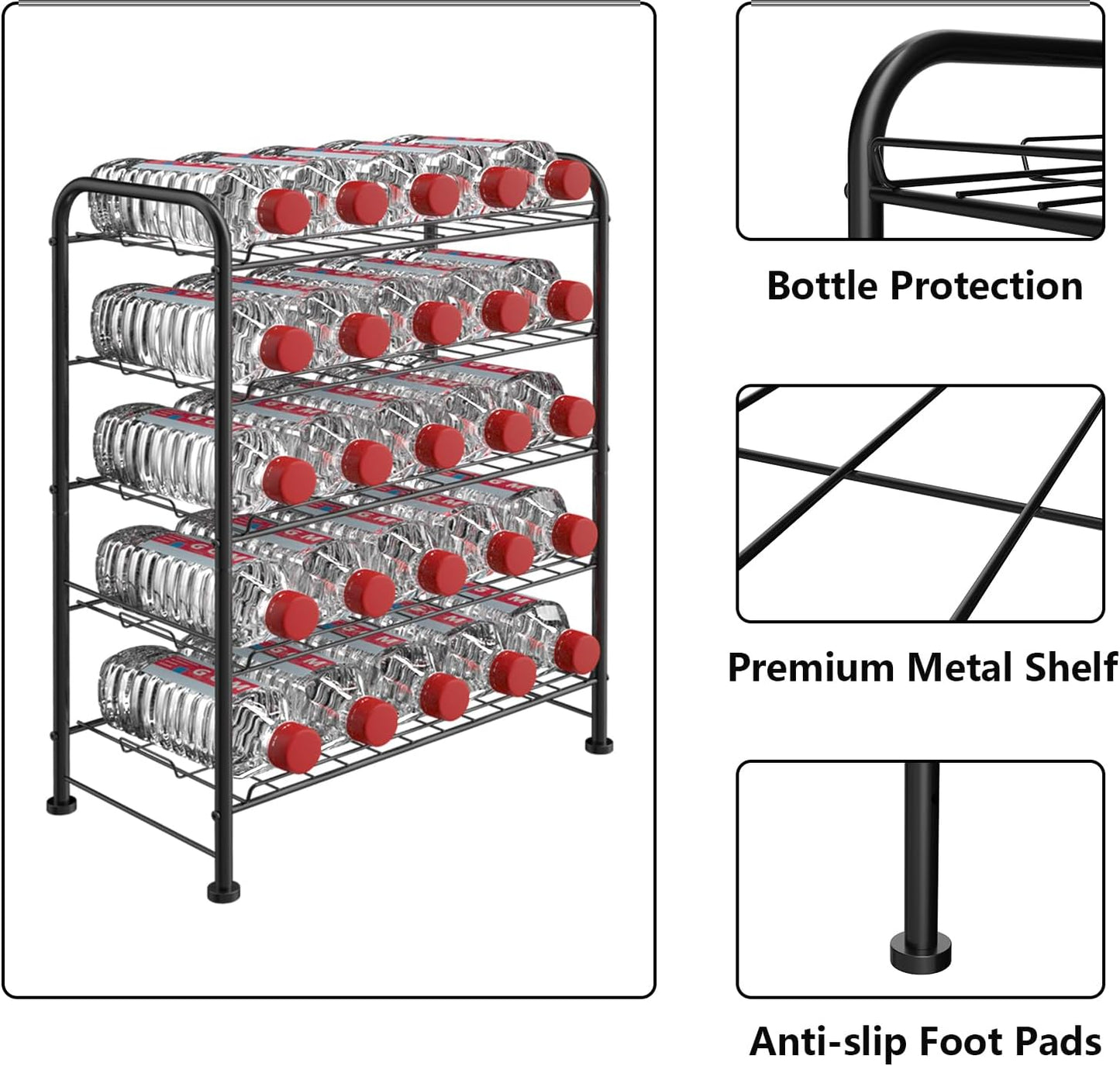 Water Bottle Organizer 5 Tier FreeStanding Water Bottle Storage Rack Metal Beverage Can Dispenser for Pantry, Kitchen Cabinet Countertop, Black