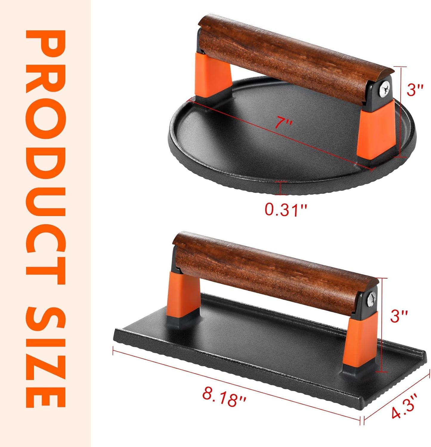 GGC Cast Iron Burger Press Kit, 7" Round and 8"x4" Rectangle Smash Burger Press Set for Grill and Griddle Cooking, 2PCS Meat Press with Wooden Handle for Bacon, Hamburgers, Eggs, Sandwiches