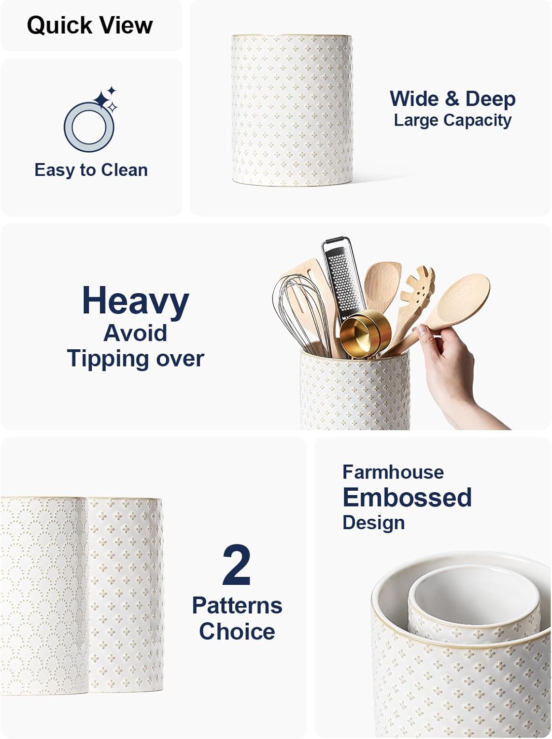 LE TAUCI Utensil Holder, 7.1" Ceramic Kitchen Utensil Holder for Counter top, Embossed Cooking Utensil Organizer for Spatula & Spoon, Kitchen Decor, Set of 1, Arctic White, Clover