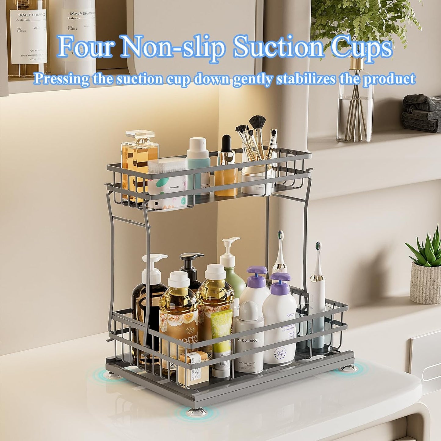 1 Pack Under Sink Organizers and Storage, 2 Tier Pull Out Cabinet Organizer, Metal Sliding Drawer Storage for Kitchen Bathroom，Gray