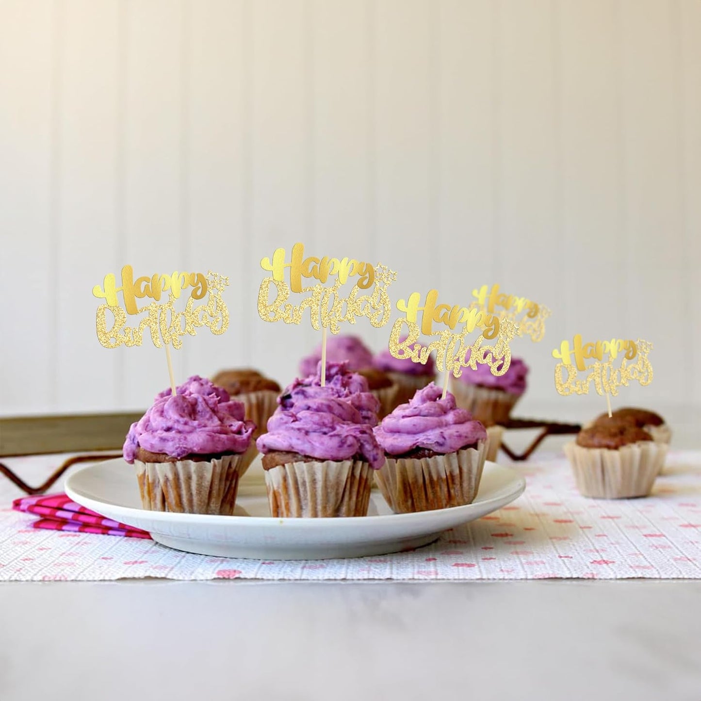 Ephlyn 24Pcs Gold Metallic Happy Birthday Cupcake Toppers for Birthday, Baby Shower & Anniversary Parties