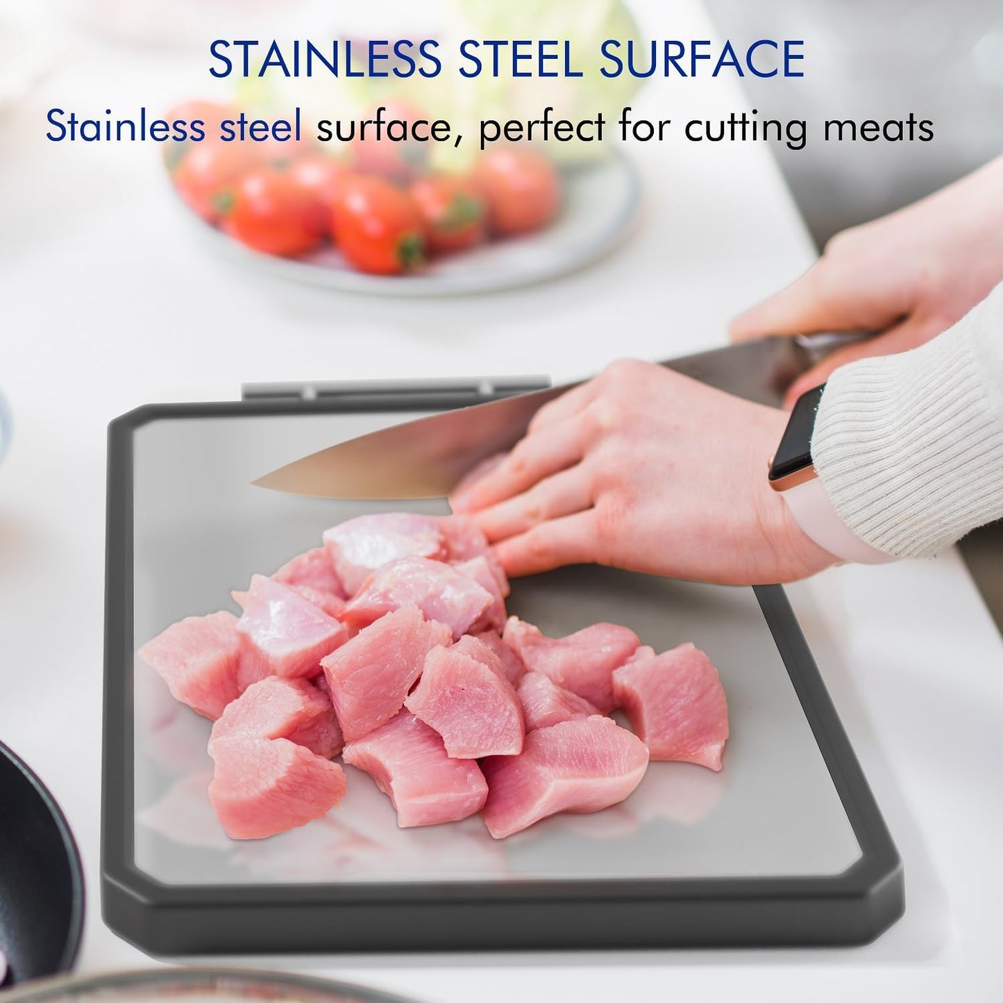 Wood Cutting Board with Handle, Double Sided Cutting Board for Kitchen, 16 * 11 inch 304 Stainless Steel Chopping Board for or Kitchen Meal Prep Serving