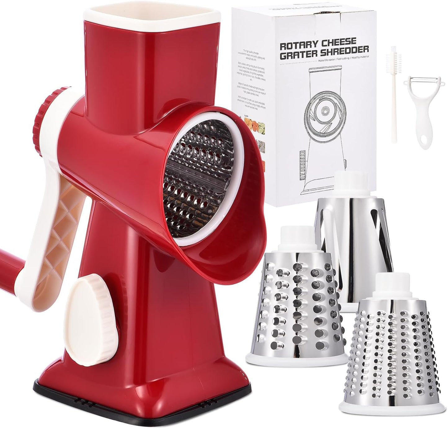Rotary Cheese Grater Hand Crank Cheese Shredder Vegetable Mandoline Slicer for Kitchen 3 in 1 Changeable Blades for Cheese Potato Nuts Chocolate Ice (RedWhite)