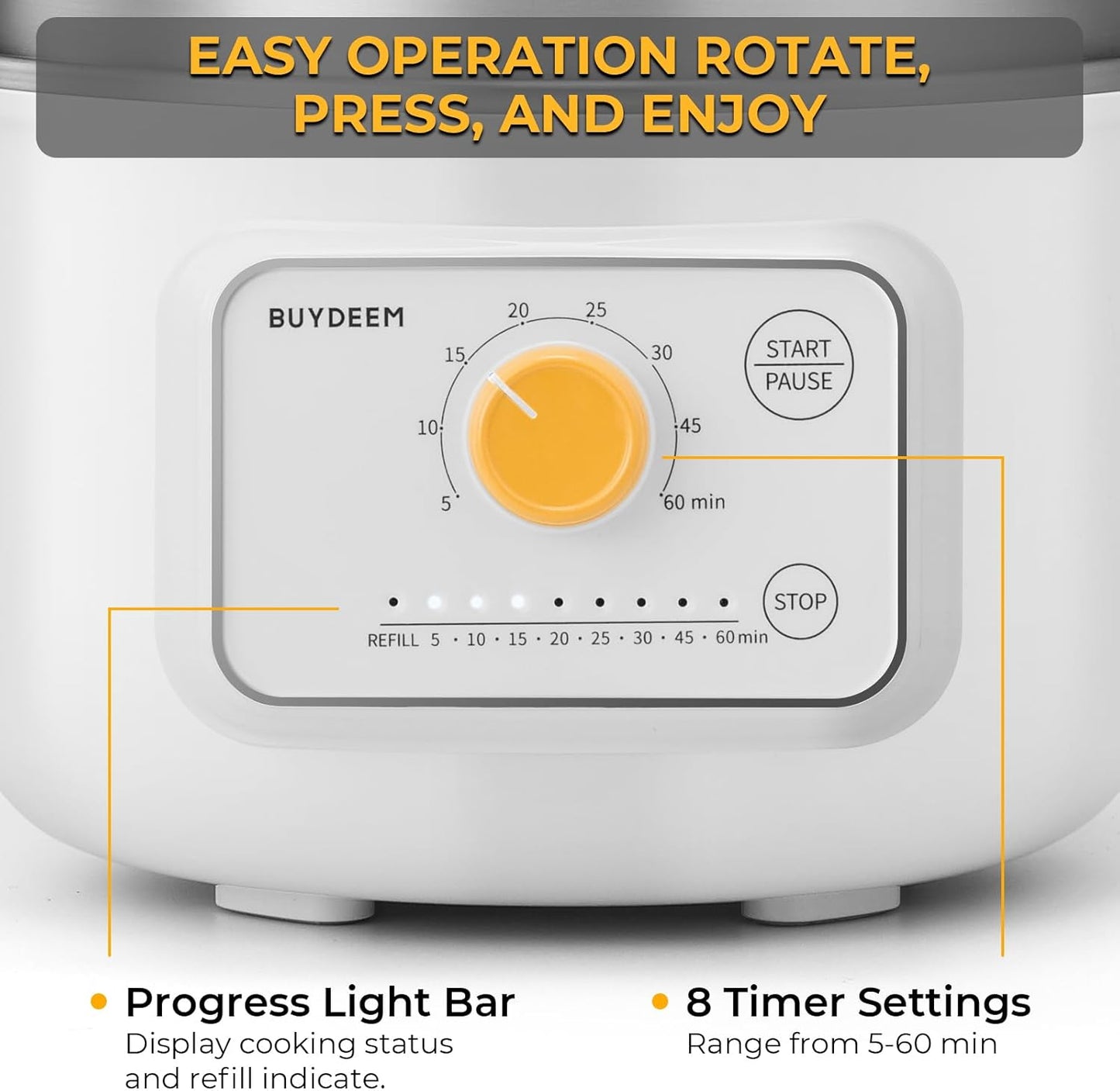 BUYDEEM G32 Electric Food Steamer 1.6QT, Stainless Steel Steamer for Vegetable Egg Seafood, 8 Time Settings, Triple Dry Protection, Quick Steam, Healthy Cooking for 1-2 Servings, Arctic White