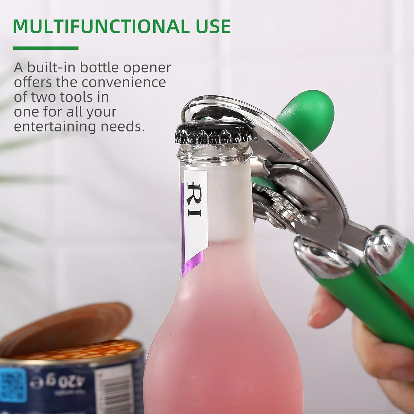 Multi-function Manual Can Opener Bottle Opener, Oversized Hand-held Easy Rotary Knob, Safe Cut Can Opener with Non-Slip Handle, Smoother Cut Sharp Blade for Seniors Kitchen Tool, GREEN