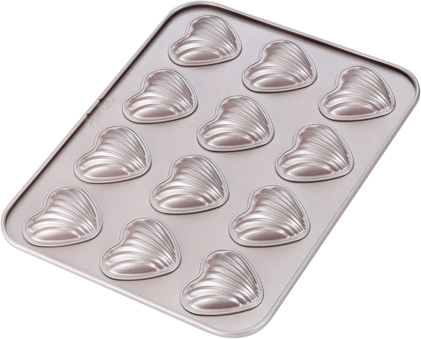 CHEFMADE Madeleine Mold Cake Pan, 12-Cavity Non-Stick Heart-shaped Shello Madeline Bakeware for Oven Baking (Champagne Gold)