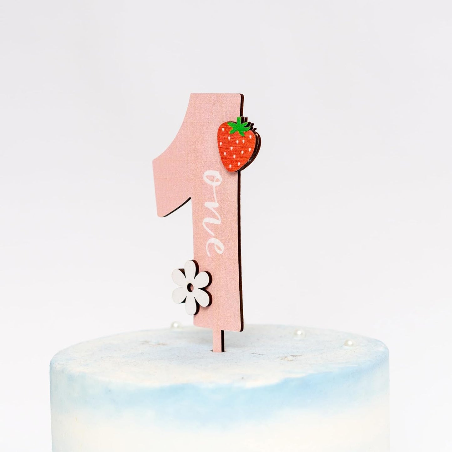 Strawberry One Cake Topper - Flower Wooden Cake Topper, Berry First Birthday Cake Decoration for Baby Shower, Birthday Party, Anniversary, Baby Photo Booth Props, Cake Smash...