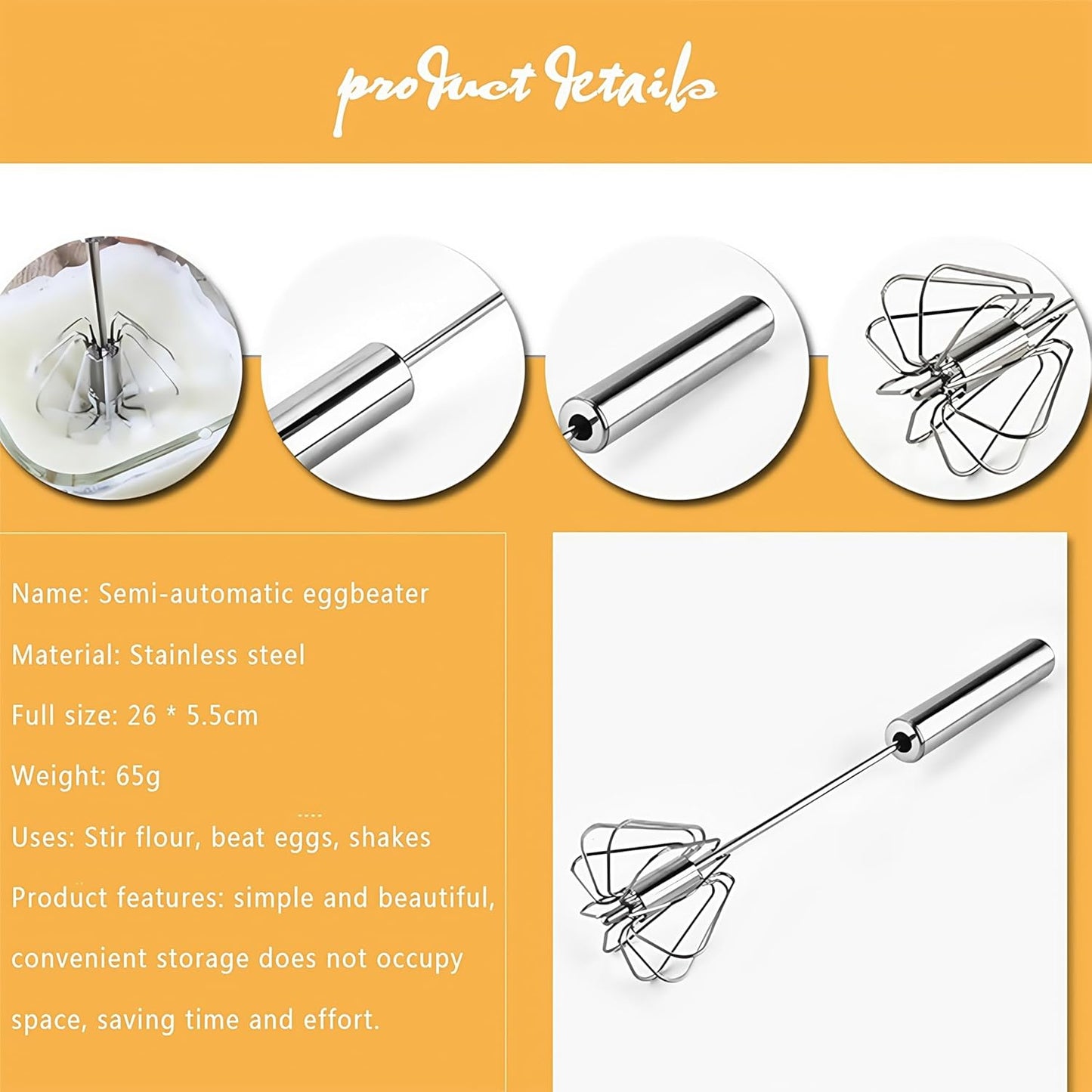 Stainless Steel Egg Whisk, Digead Hand Push Rotary Whisk Blender, whisks for cooking, Hand Push Mixer Stirrer for Blending, Whisking, Beating & Stirring (10+12in)