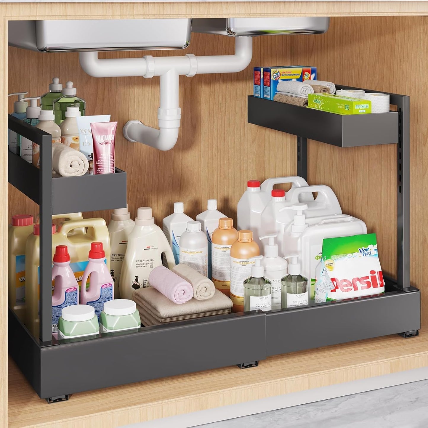 Expandable Under Sink Organizer with 3 Ball-Bearing Slide Rails , 2-Tier Pull-Out Under Cabinet Storage Shelf for Kitchen & Bathroom , Height-Adjustable Slide-Out Cabinet Drawer （Black, 1-Pack）