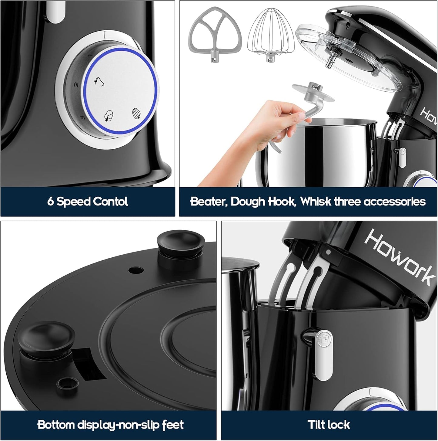 HOWORK 8.5QT Stand Mixer, 660W 6+P Speed Tilt-Head, Electric Kitchen Mixer With Dishwasher-Safe Dough Hook, Beater, Wire Whip & Pouring Shield (8.5 QT, Black)