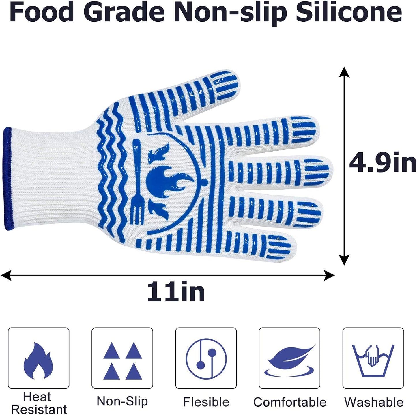 Oven Gloves 1472°F Extreme Heat Resistant BBQ Gloves, Flexible Grill Gloves Non-Slip Food Grade Silicone Oven Mitts for Kitchen, Cooking, Barbecue, Baking, Smoker (11inch)