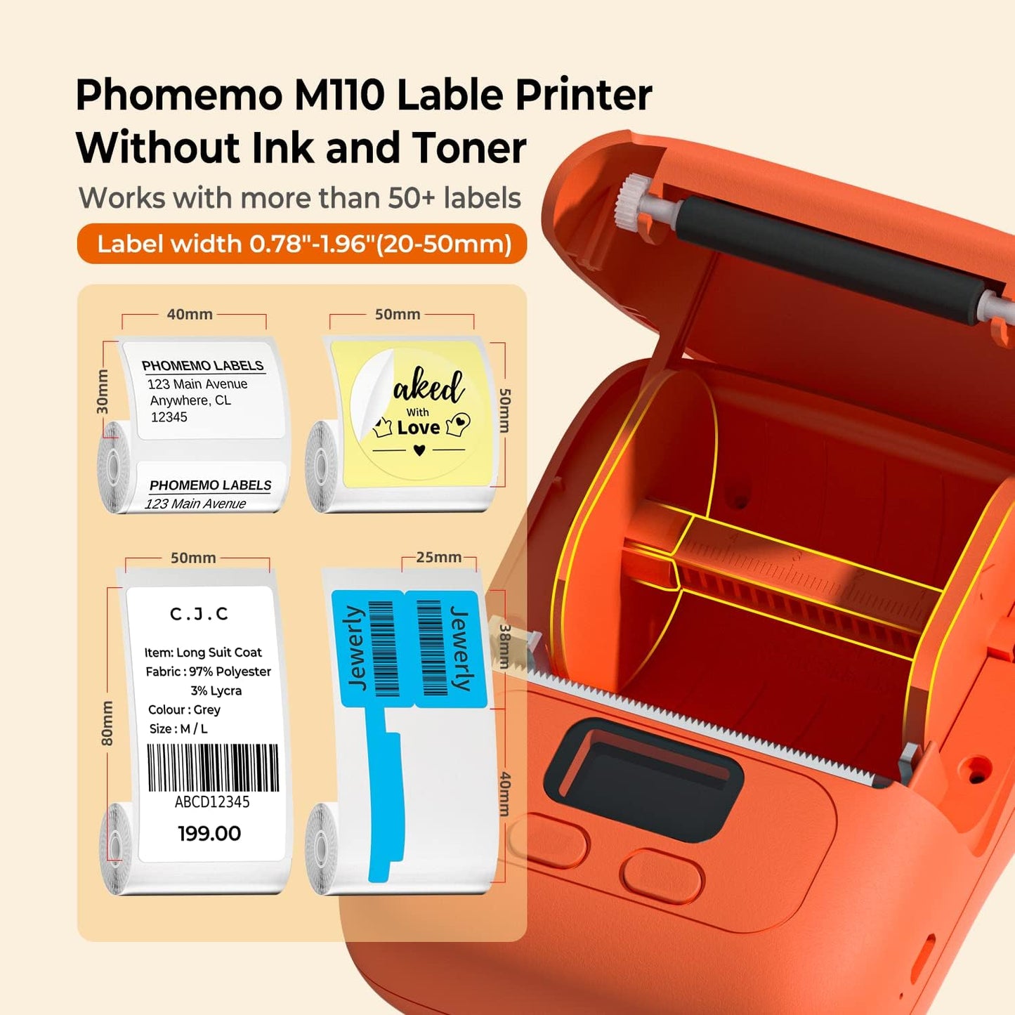 Phomemo M110 Label Maker Machine-Barcode Label Printer, Portable Sticker Maker for Price Tag, Logo,Address, Mailing, Home, Office & Small Business, Compatible with Phones&PC Orange