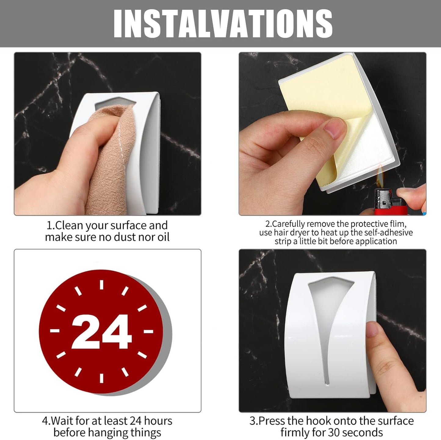 Boao 4 Pcs Self Adhesive Towel Hook Holder Grabber Stainless Steel Kitchen Dish Towel Hook Wall Mount Non Drilling Hangers Rack Hand Tea Holders for Bathroom Accesories Kitchen Gadgets(Black, White)