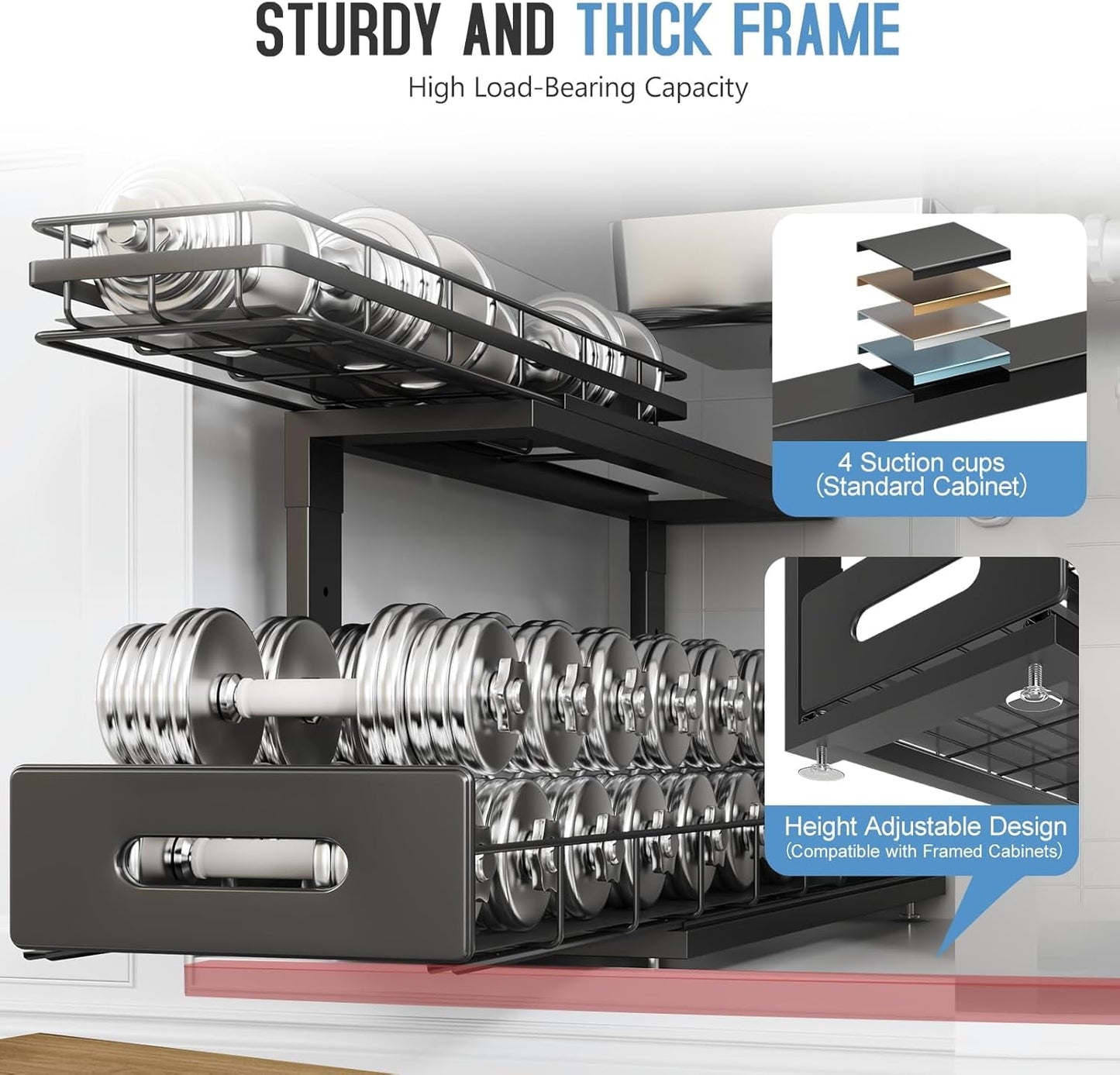 2 Pack 21 IN Depth Pull Out Cabinet Storage With Smooth Rails,2-Tier Dual Pull Out Cabinet Storage For Bathroom Kitchen,Under Sink Shelf-Black