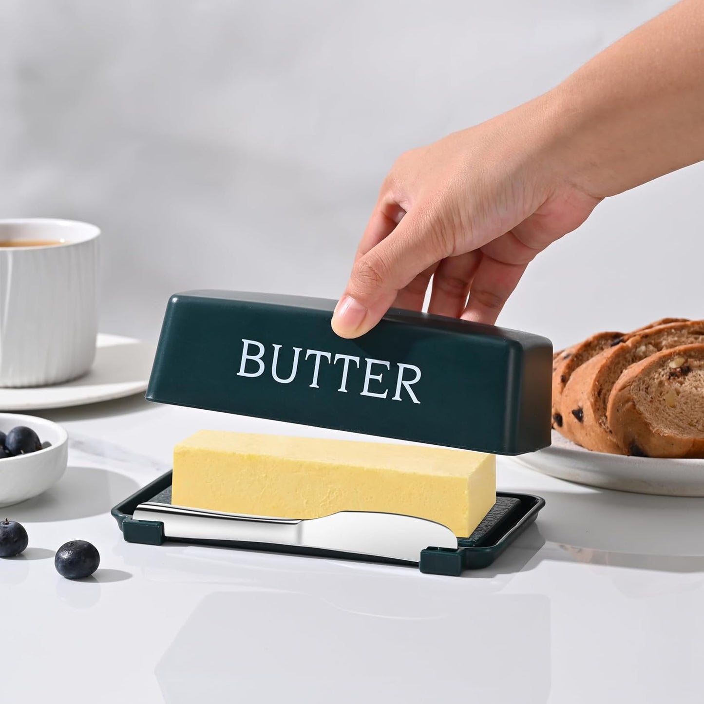 Butter Tray With Lid And Stainless Steel Knife,Large BPA Free Plastic Butter Dishes With Cover,Green Butter Storage Container Keeper