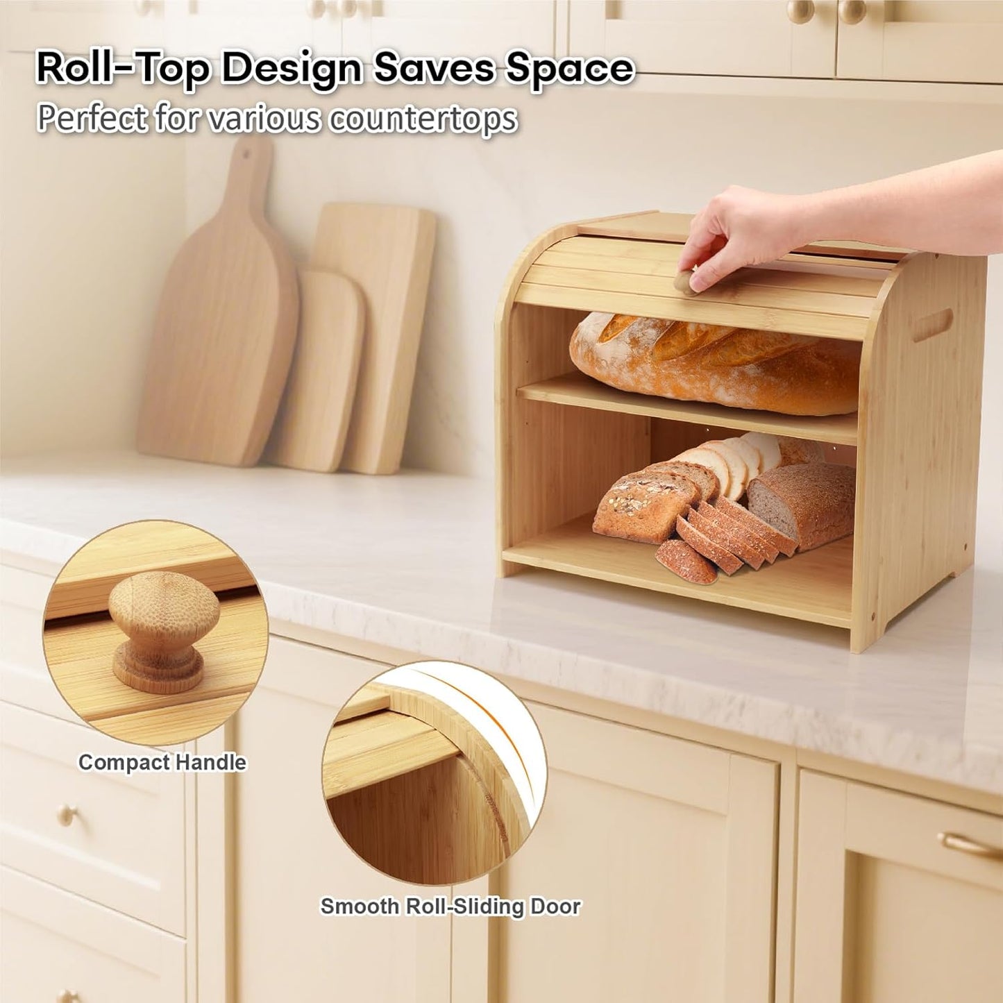 Bread Box for Kitchen Countertop, Double Layer Bamboo Bread Storage Container for Homemade Bread, Roll Top Bread Box with 3 Adjustable Height for Kitchen Counter, Natural Breadbox Organizer