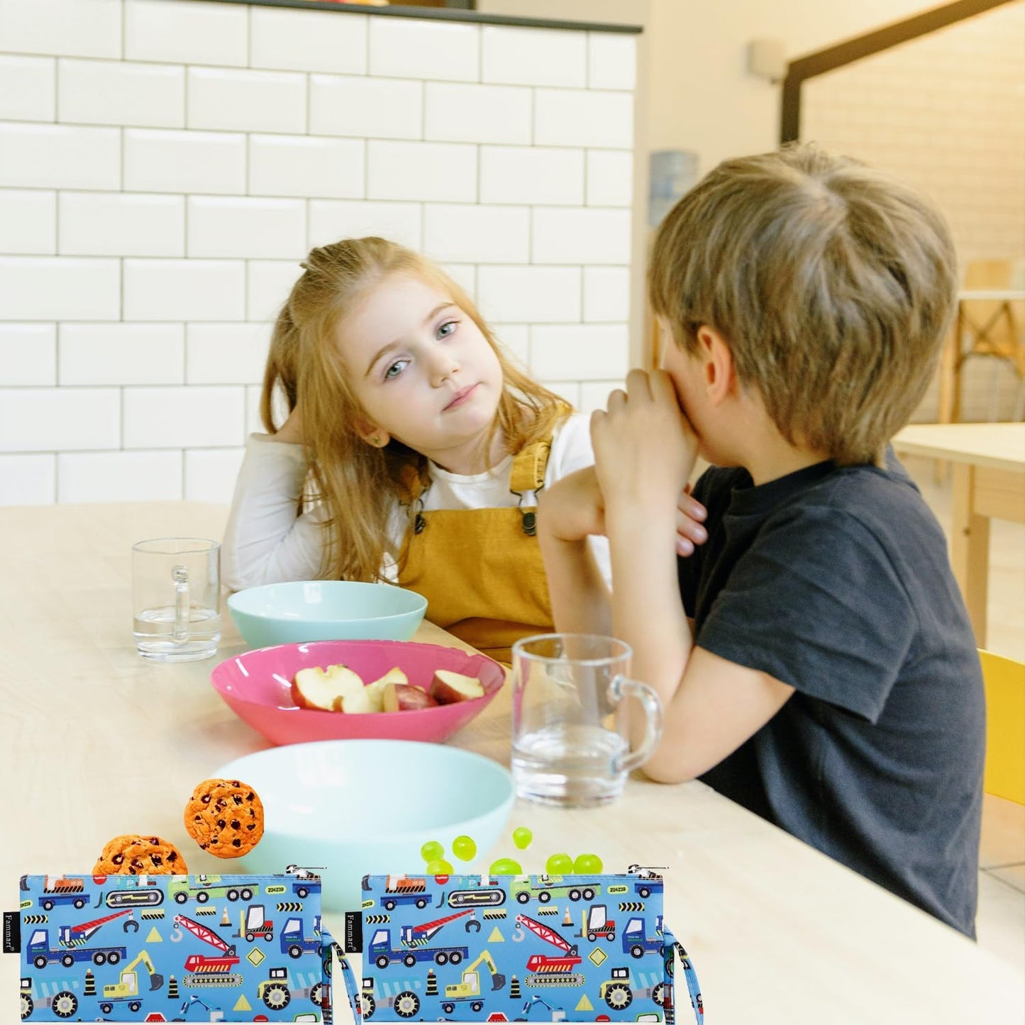 Reusable Sandwich Bag/Snack Bag for Kids & Adults, Dual Layer Lunch Bag with Handle, Washable, Food Safe, BPA Free (2-Pack, Car)