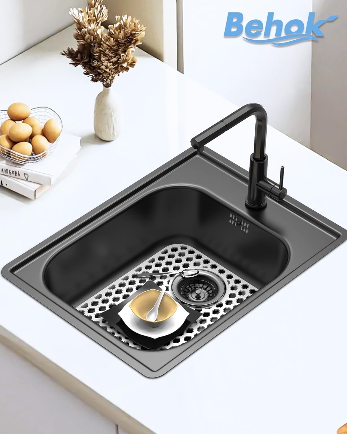 2 Pack Silicone Sink Protector for Kitchen Sink Bathroom, 13.58" x 11.6" Heat-resistant Sink Mat Non-Slip and Durable Silicone Protectors, Rear Drain, White