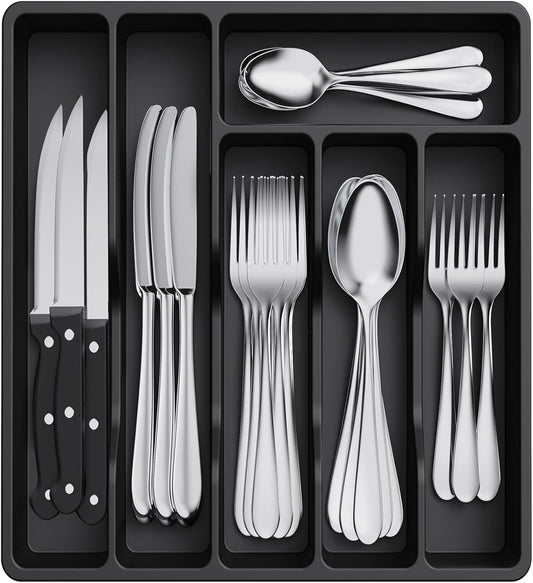 Lifewit Silverware Drawer Organizer Tray, Plastic Cutlery Storage for Kitchen Drawer, Flatware and Utensil Holder Divider for Spoons Forks Knives Tableware, 6 Compartment, Black