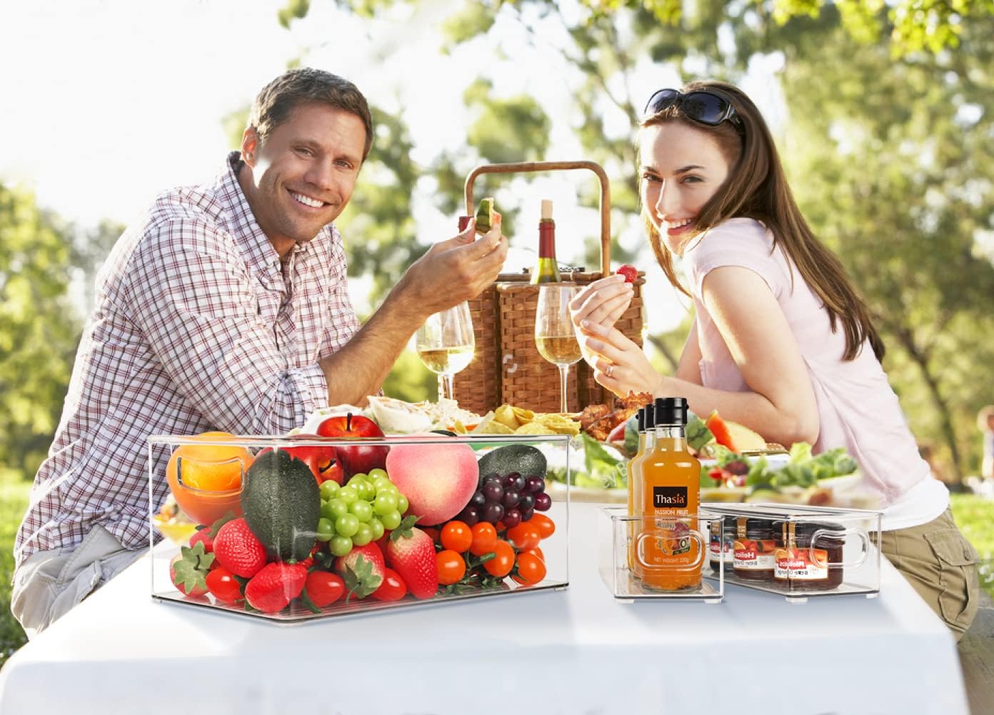 Hudgan 8 PACK Stackable Pantry Organizer Bins (3 sizes) - Clear Fridge Organizers for Kitchen, Freezer, Countertops, Cabinets - Plastic Food Storage Container with Handles for Home and Office