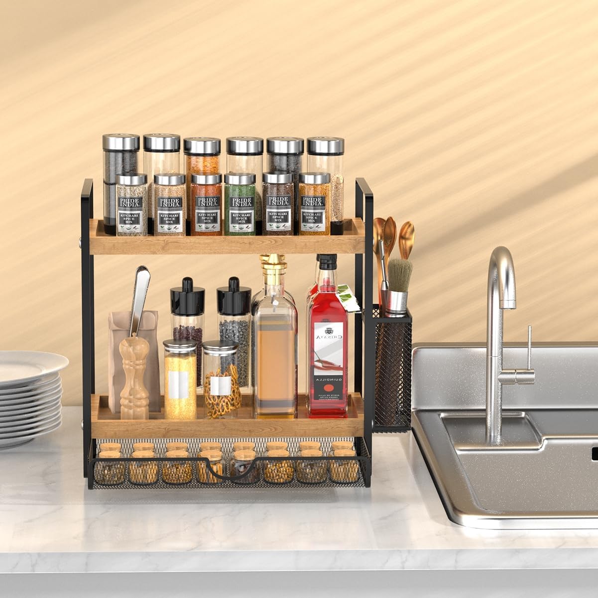 2 Tier Spice Rack Organizer for Countertop with Drawer and Basket, Suitable for Coffee Organizer, Kitchen Counter Storage, Bathroom Storage