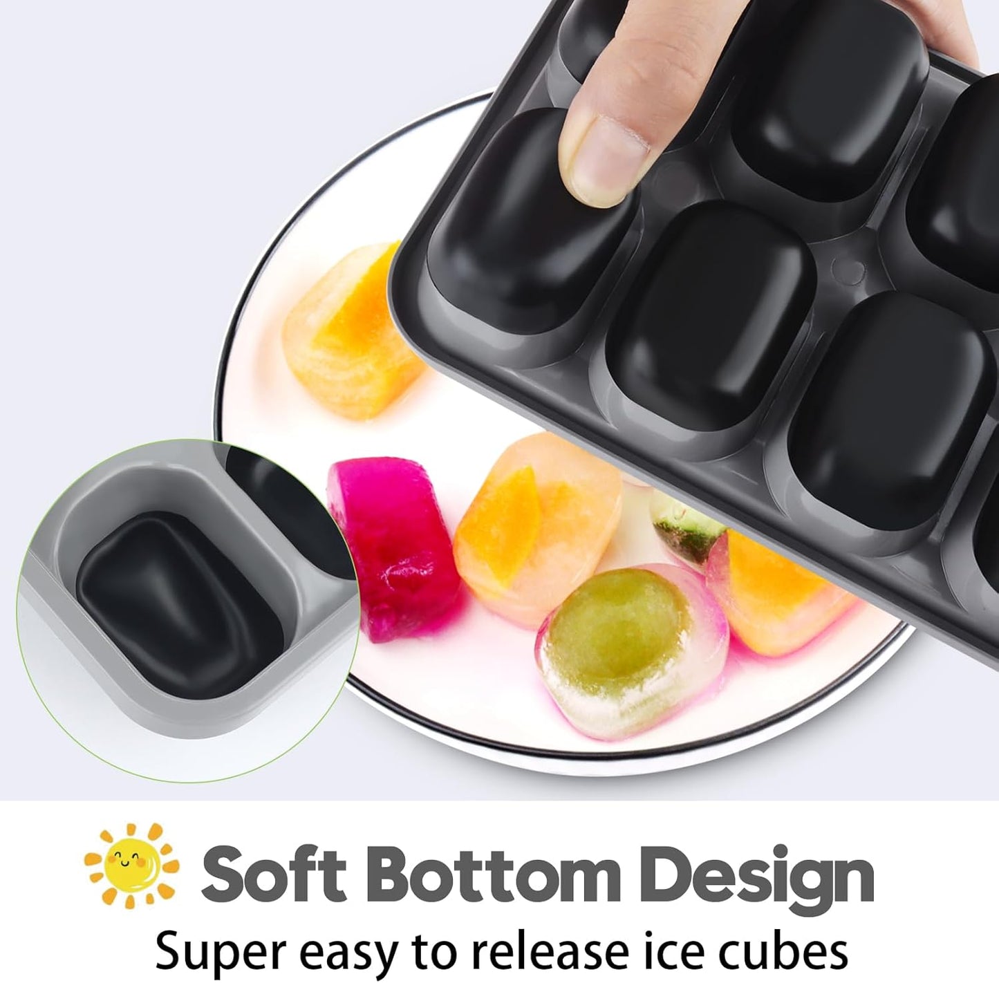 Silicone Ice Cube Tray, 8 Pack Easy-Release & Flexible 14-Ice Cube Trays with Spill-Resistant Removable Lid, Stackable Ice Trays with Covers for Freezer, Cocktail (4 Black+ 4 Grey)