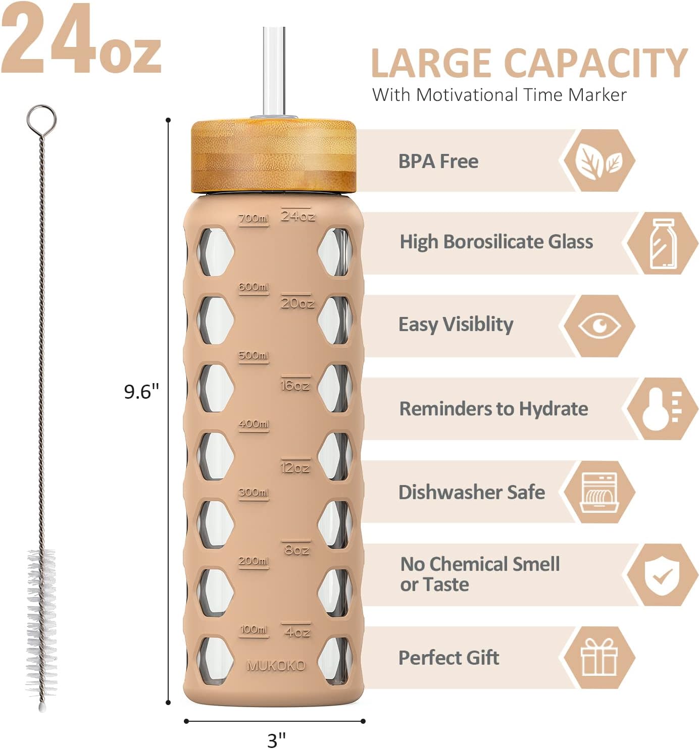 MUKOKO 24oz Glass Water Bottle with 2 Lids-Handle Flip Lid&Bamboo Straw Lid,Motivational Water Tumbler with Time Marker Reminder and Silicone Sleeve, Leakproof-Amber