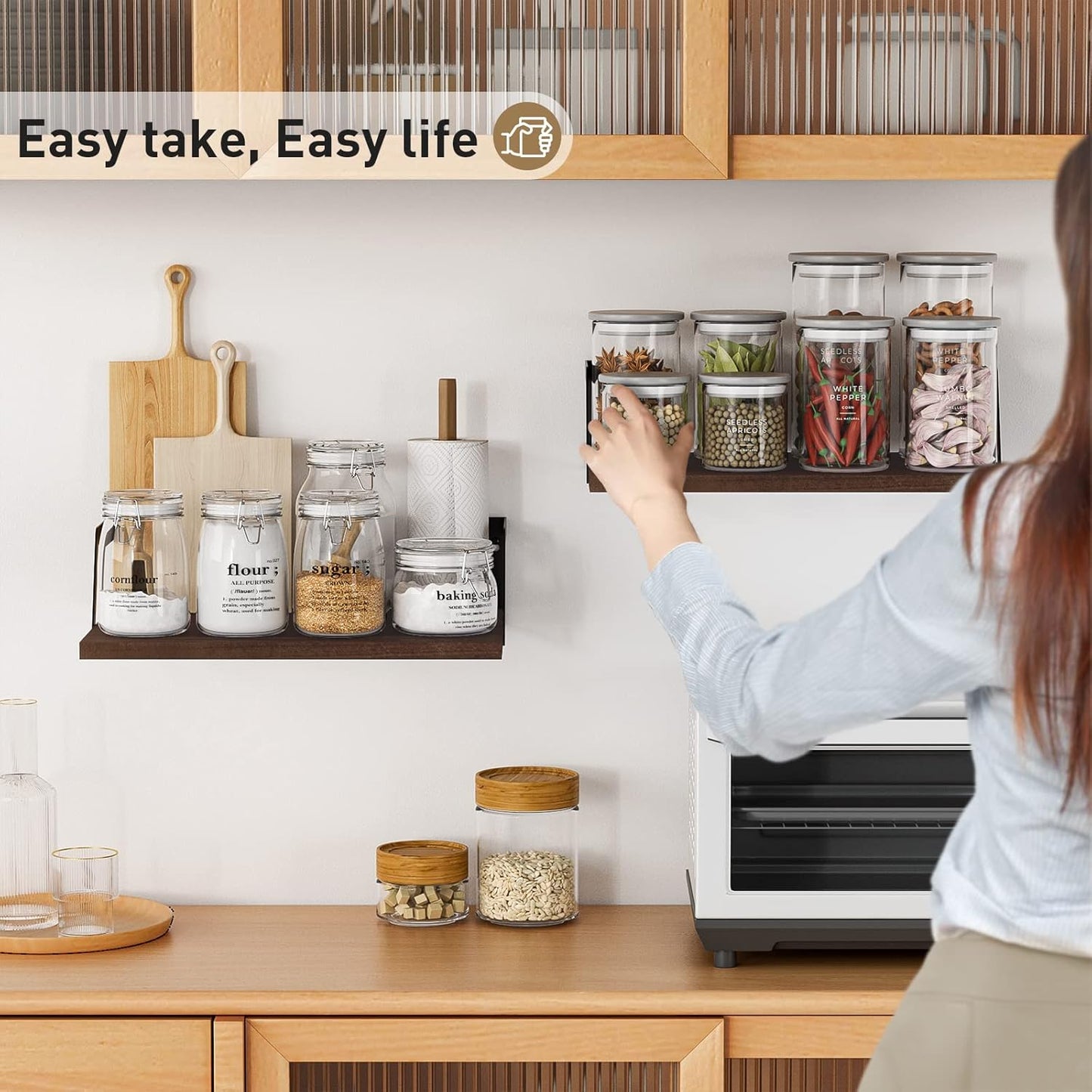 SRIWATANA Floating Shelves Wall Mounted Set of 2 Rustic Wood Shelves with Large Capacity(Dark Walnut)