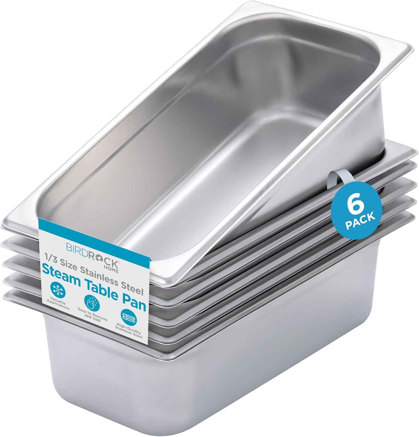 BIRDROCK HOME Stainless Steel Steam Table Pan - Hotel, Restaurant & Catering Supplies - 24 Gauge Steel, 4.1 qt Capacity - Meal Prep, Cooking, &Food Storage Container - 4" Depth, 1/3-Size (6 Pack)
