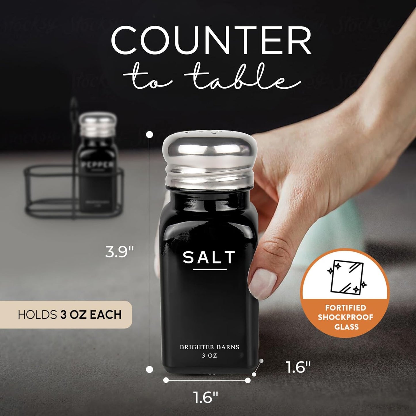 Black Salt and Pepper Shakers Set with Holder by Brighter Barns - Farmhouse Kitchen Decor, Modern Kitchen Essentials, Dining Table Centerpiece Decor - Glass Shakers with Caddy for Restaurants (Black)