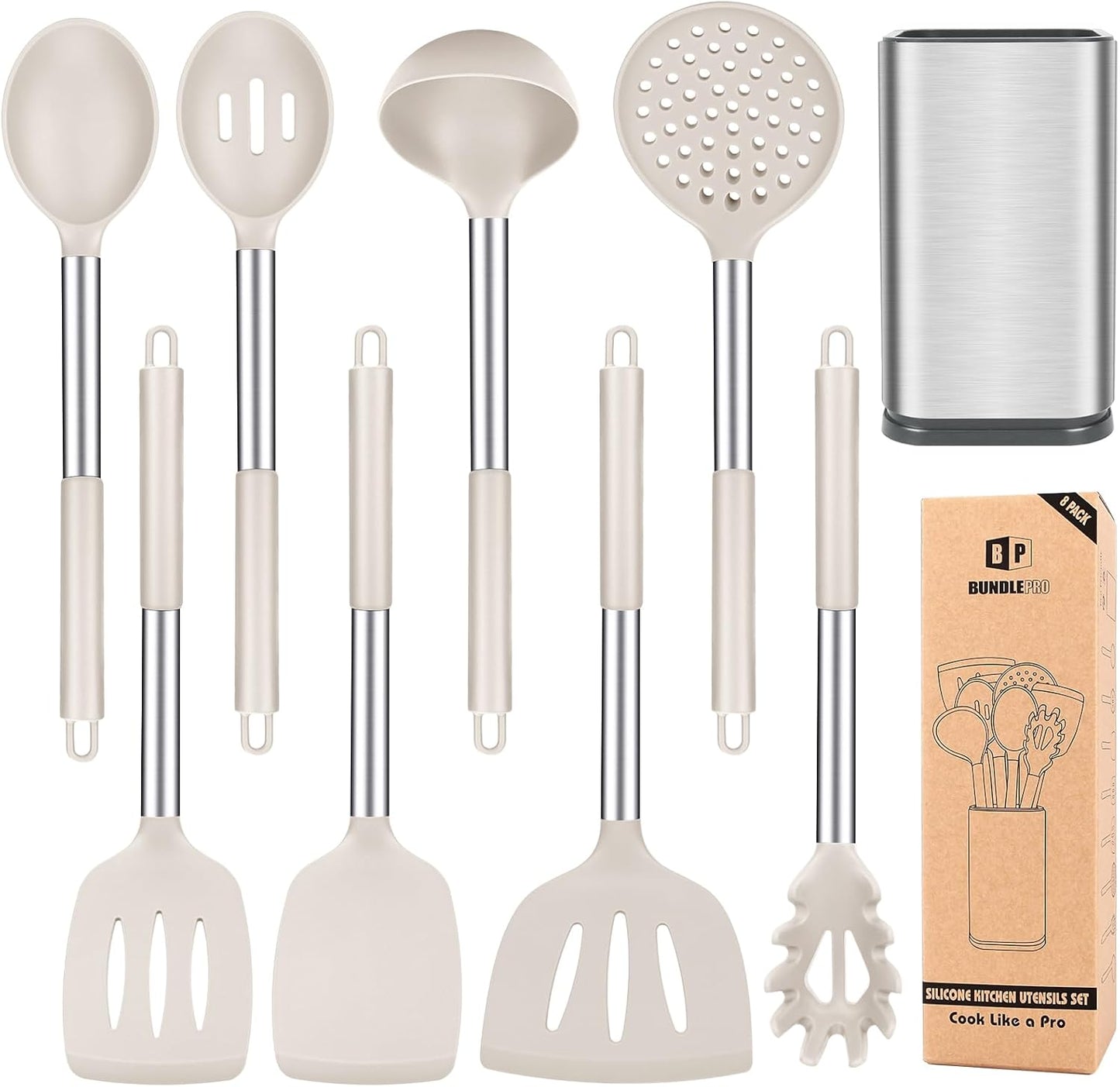 Silicone Cooking Utensil Set, 8Pcs Non-stick Cookwares with Stainless Steel Handle, BPA Free Heat Resistant Kitchen Tools with Spatulas, Turners, Spoons, Skimmer and Pasta Fork (KHAKI)