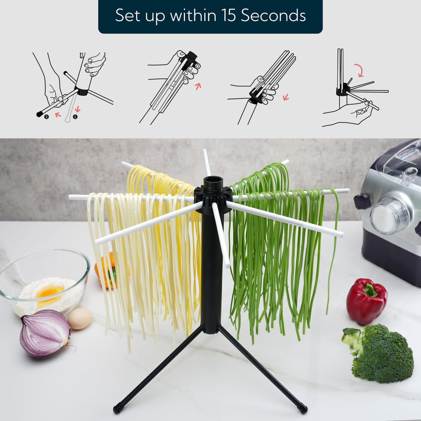 KITCHENDAO Collapsible Pasta Drying Rack, Plastic Foldable Homemade Fresh Spaghetti Noodle Tree Stand Hanger for Kitchen, Detachable for Easy Cleaning, Rotatable Arms, Hold up to 5lbs