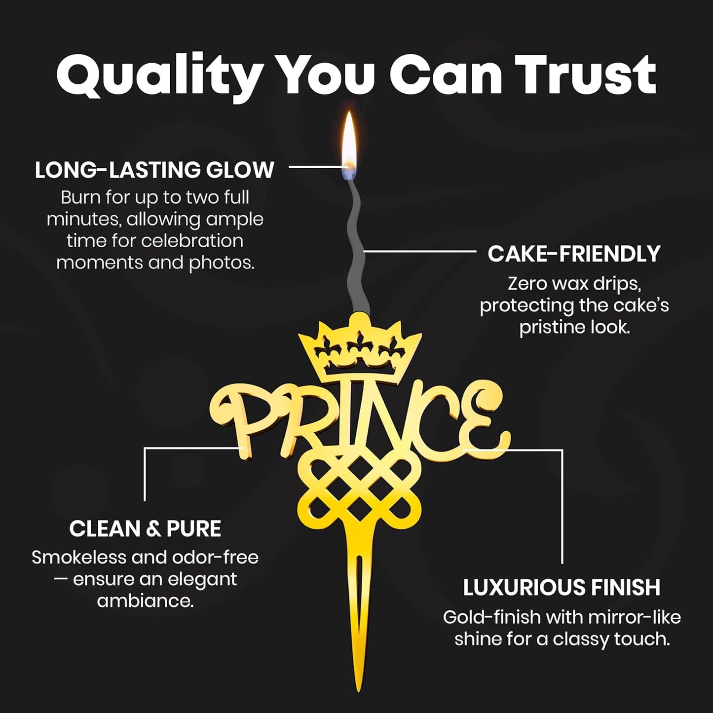 Prince Reusable Gold Romantic Cake Candle - Luxury Cake Topper Candle for Birthdays, Weddings & Anniversaries - Reusable Food Safe Acrylic, Shiny Mirror Finish - Happy Birthday Cake Topper Decor