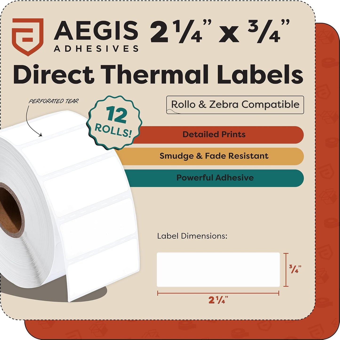 Aegis Adhesives - 2 ¼” X ¾” Direct Thermal Labels for Barcodes, Address, Perforated & Compatible with Rollo, Zebra, & Other Desktop Label Printers (12 Rolls, 1700/Roll)