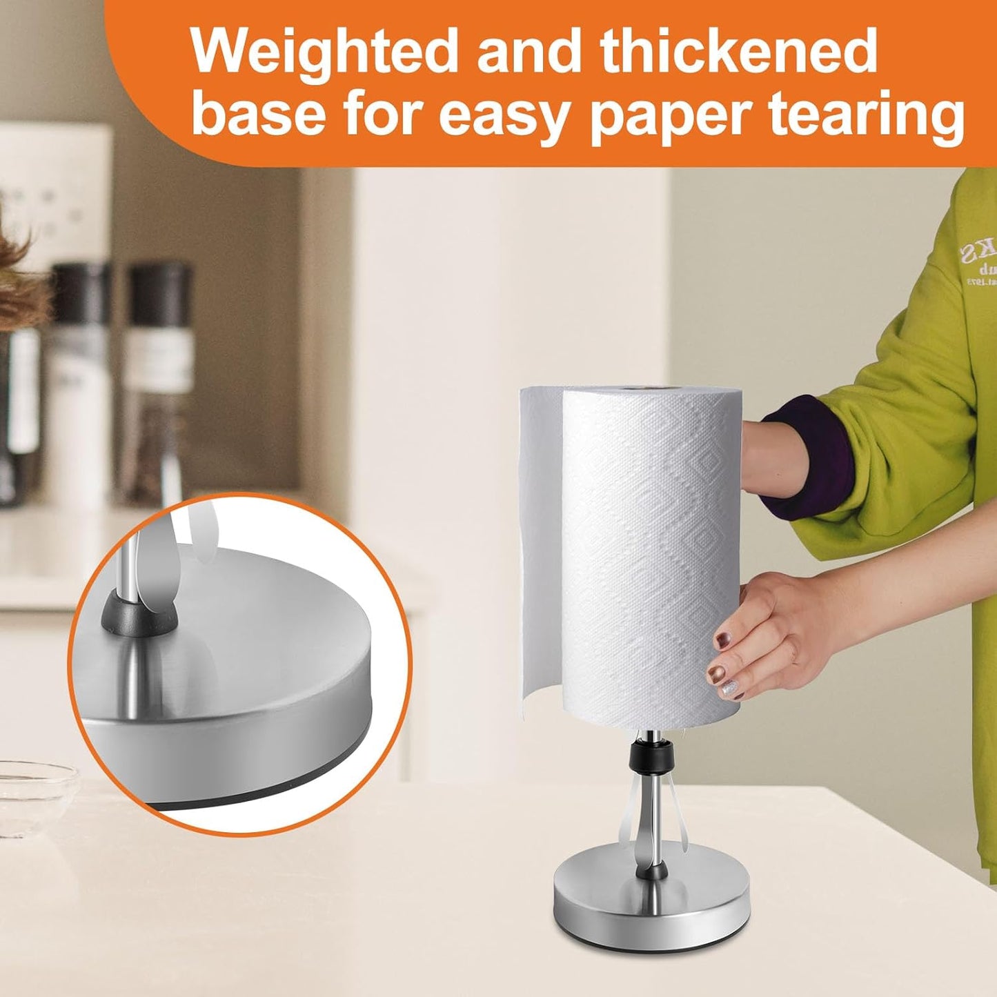 Stainless Steel Silver Paper Towel Holder Designed for Easy One-Handed Operation - This Sturdy Weighted Paper Towel Dispenser Countertop Model Has Suction Cups and Holds All Paper Towel Rolls