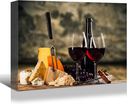 Looife Kitchen Still Life Canvas Wall Art, 30x20 Inch Gallery Wrapped Red Wine with Cheese Picture Prints Wall Decor, Food Art Deco for Dining Room and Bar Decoration