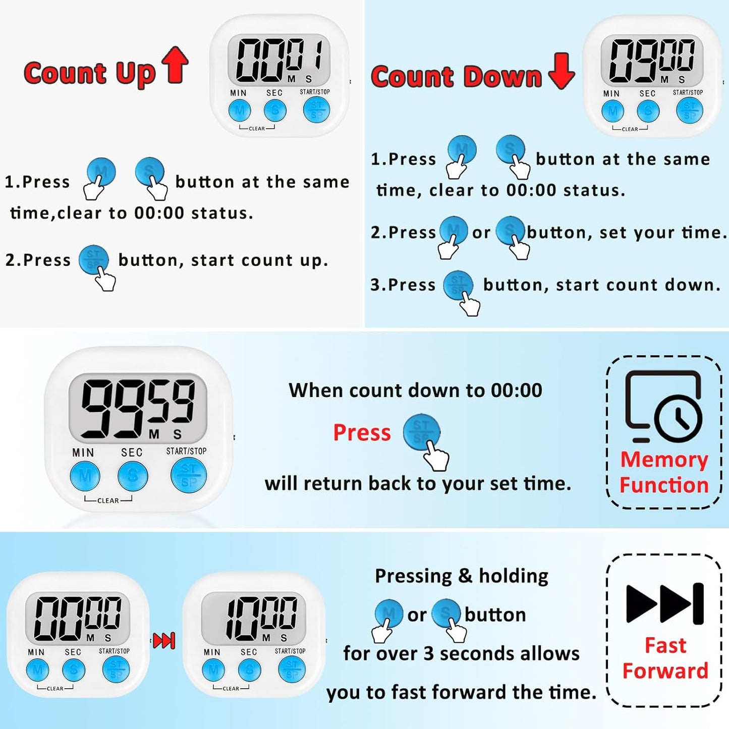 ZILLEEN 12 Pack Kitchen Timers for Cooking Digital Classroom Timers for Kids Teachers White Pink Blue