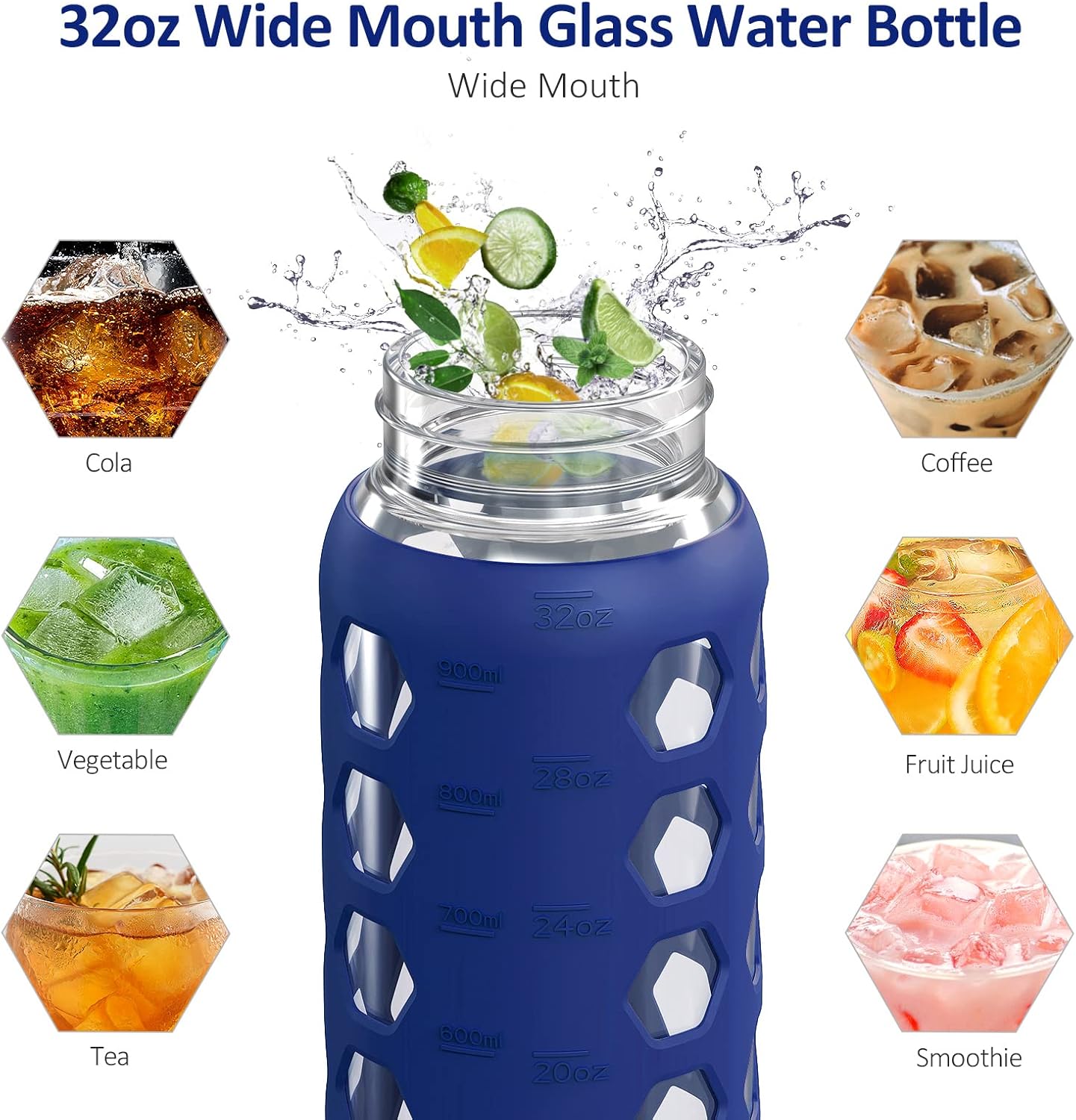 MUKOKO 32oz Glass Water Bottles with 2 Lids-Handle Spout Lid&Bamboo Straw Lid, Motivational Water Tumbler with Time Marker Reminder and Silicone Sleeve, Leakproof-Blue-1 Pack