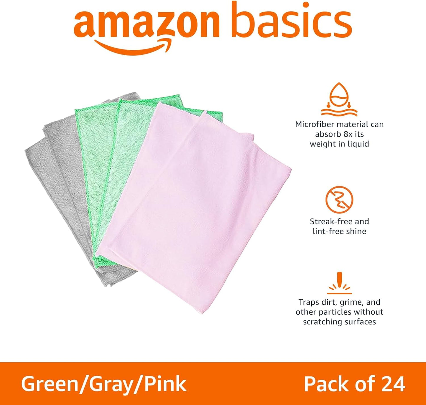 Amazon Basics Microfiber Cleaning Cloths, Ultra Soft and Absorbent, Free from Streaks/Lint/Scratch for Cars, 16" x 12", Green/Gray/Pink, 24-Pack