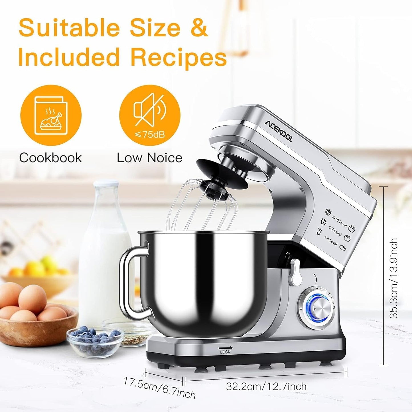 Garvee 7.5QT Stand Food Mixer, 10-Speed Tilt Head 3-IN-1 Kitchen Electric Mixer with Stainless Steel Bowl, Egg Whisk, Dough Hook, Beater, Splash Guard, Compact Dough Mixer for Home Cooks, Silver