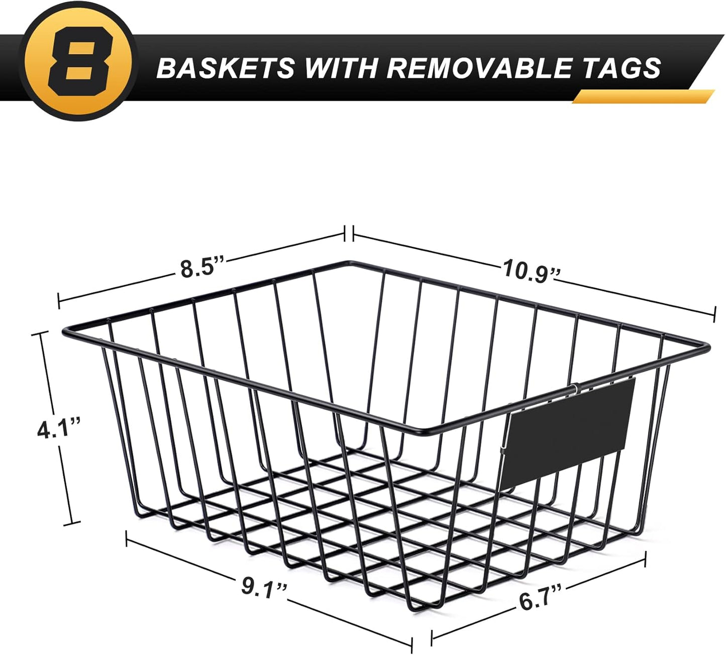 8 Pack Wire Storage Baskets for Organizing with Removable Tags, Pantry Organization Bins for Kitchen Cabinets, Closet - Metal Basket for Laundry, Garage, Refridge, Bathroom Countertop Organizer, Black