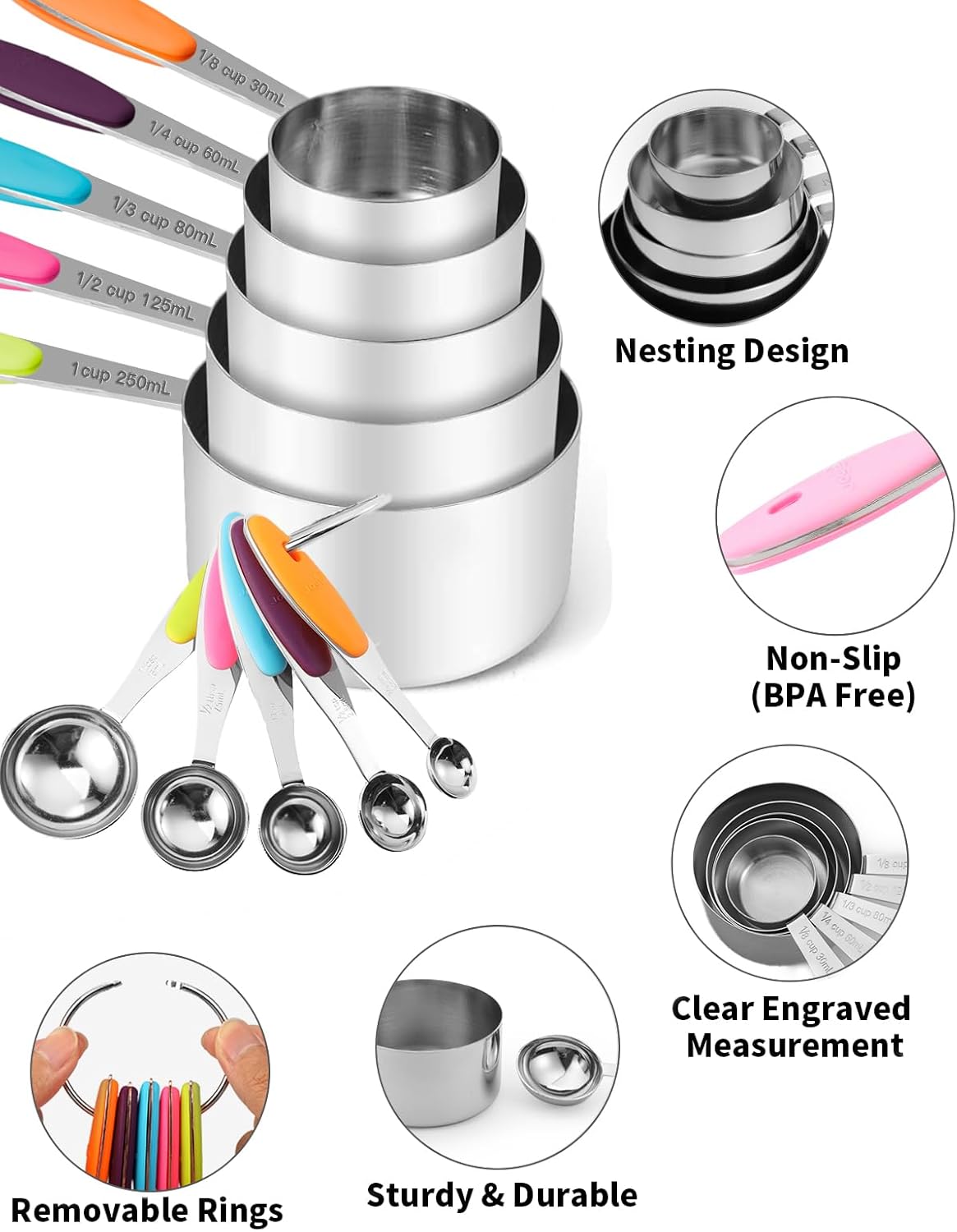 Joyhill Stainless Steel Measuring Cups and Spoons Set of 10 Piece, Nesting Metal Measuring Cups Set with Soft Touch Silicone Handles for Dry and Liquid Ingredients, Cooking & Baking (Colorful)