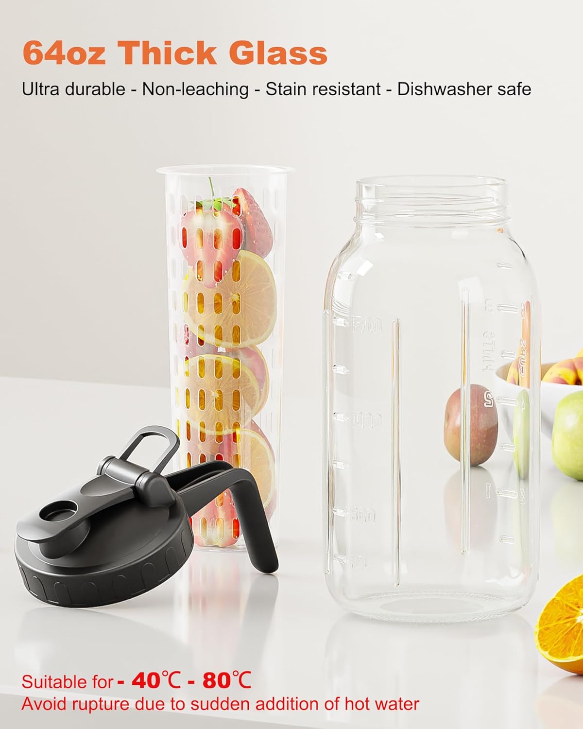 64oz Glass Pitcher with Fruit Infuser, 2 Quart Wide Mouth Mason Jar Pitcher with Airtight Flip Top Lid, Leakproof Fridge Door Water Jug for Iced Sun Tea, Juice Making - Black